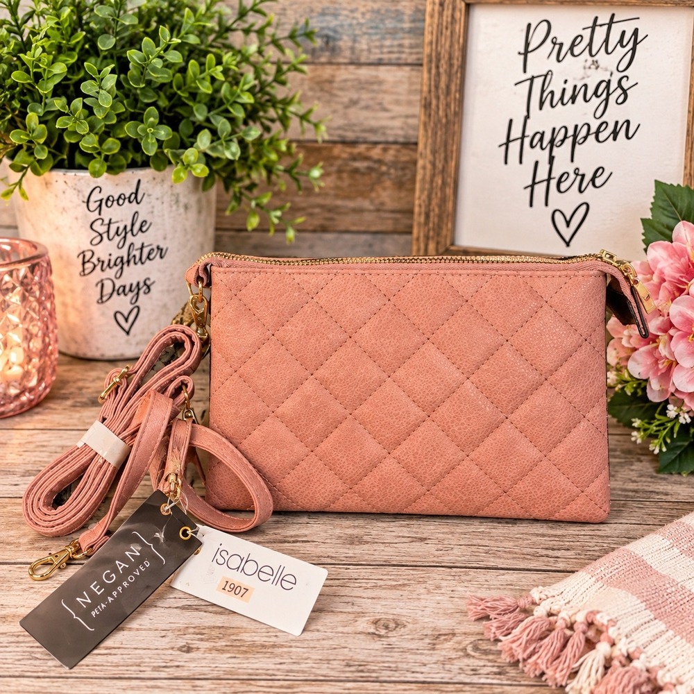 Isabelle 1907 Vegan Mauve Pink Quilted Crossbody Bag PETA Approved NEW